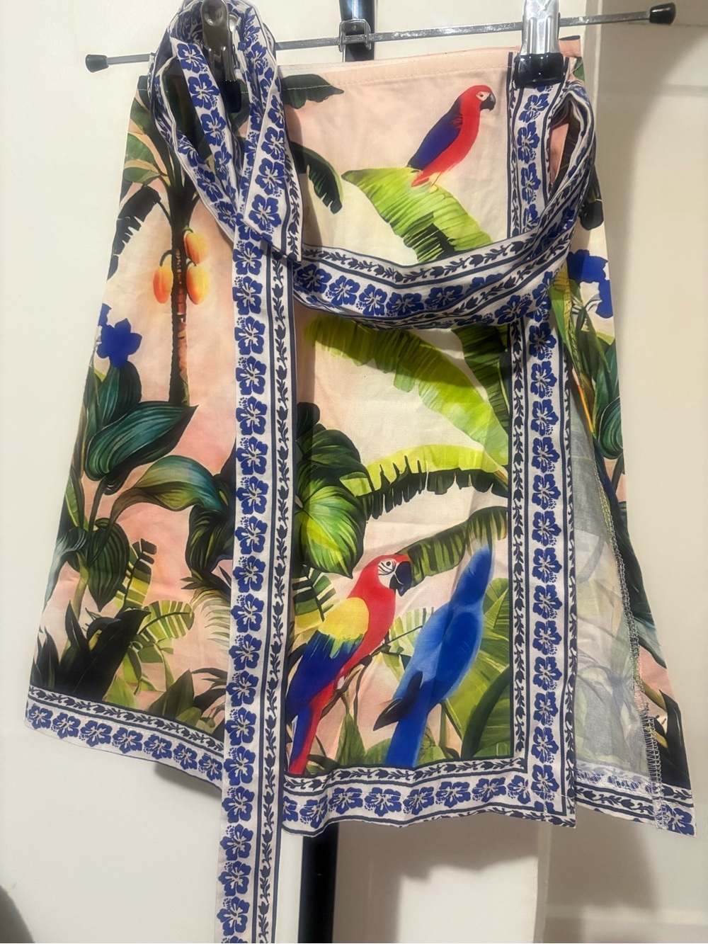 100% Cotton 🌺Floral Strap Sundress with Blue Hibiscus Trim - Peach & Green